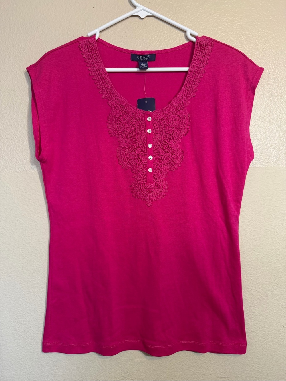Chaps Women's 100% cotton Bright Pink Lace-Trim Henley Top new L